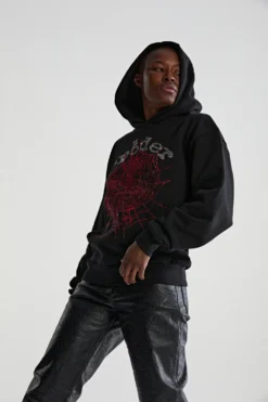 Men Spider OG Rhinestone Logo Black Hoodie